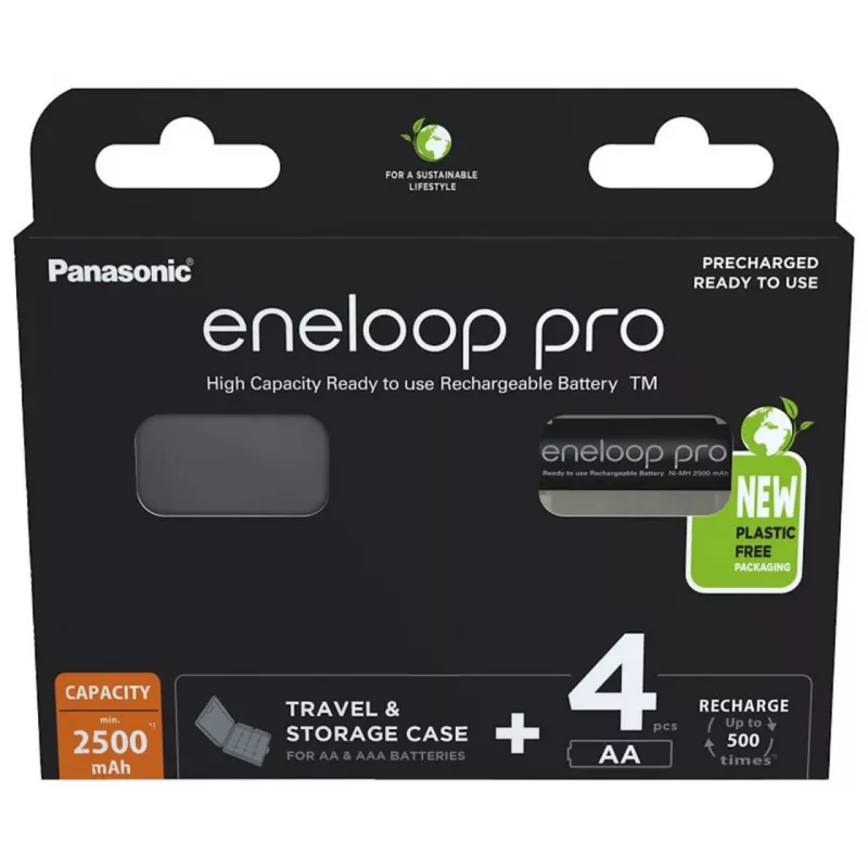 Rechargeable batteries PANASONIC ENELOOP PRO AA 2500 mAh 4 pc(s) + case (BK-3HCDE/4CP+CASE)