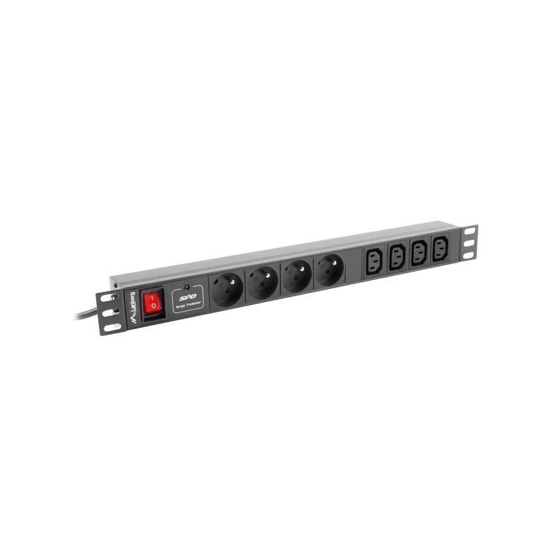 Power distribution unit LANBERG PDU-04E04I-0200-BK — 4× C13 outlets, 16 A, 220–250 V, 2 m cable, 1U horizontal, black