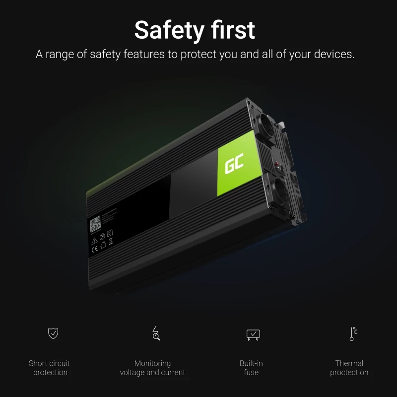 Power inverter Green Cell INV12 3000 W 12 V to 230 V, 50 Hz, 1 USB, active cooling, black