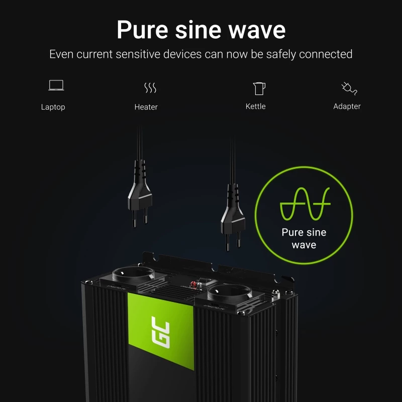 Car inverter Green Cell INV21 6000 W, 24V DC-to-AC, 230V output, 2x USB PD, active cooling, detachable DC connectors, black