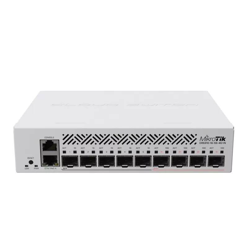 Managed L3 network switch MikroTik CRS310-1G-5S-4S+IN — 1U, 1x Gigabit, 5x SFP, 4x SFP+, 10G, DC/PoE 18–57V, 20W max