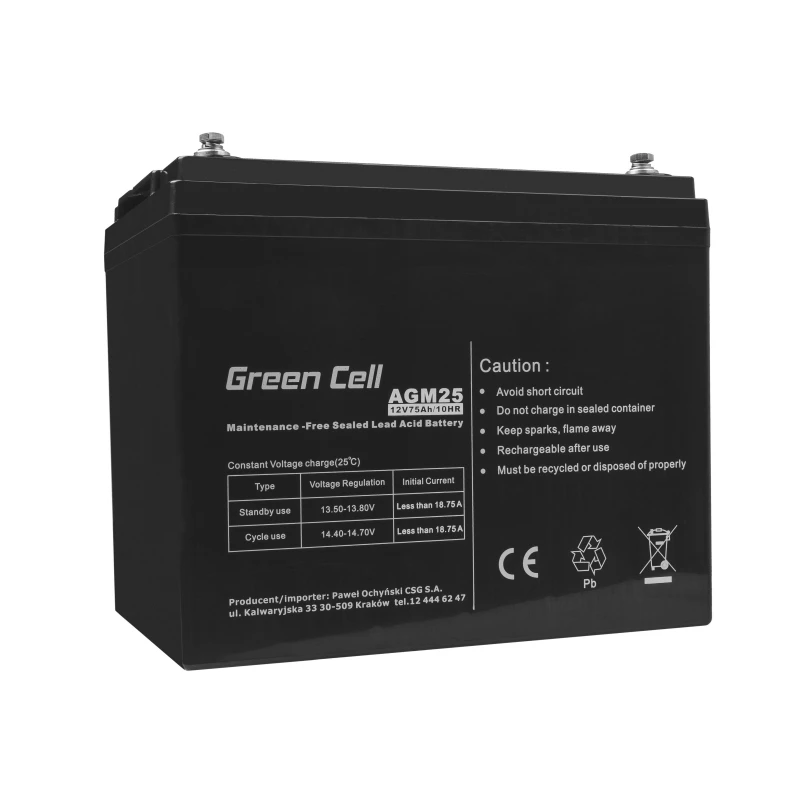 Sealed Lead Acid UPS battery Green Cell AGM25 12 V 75 Ah, VRLA, 75Ah, 12V, 21.3 kg