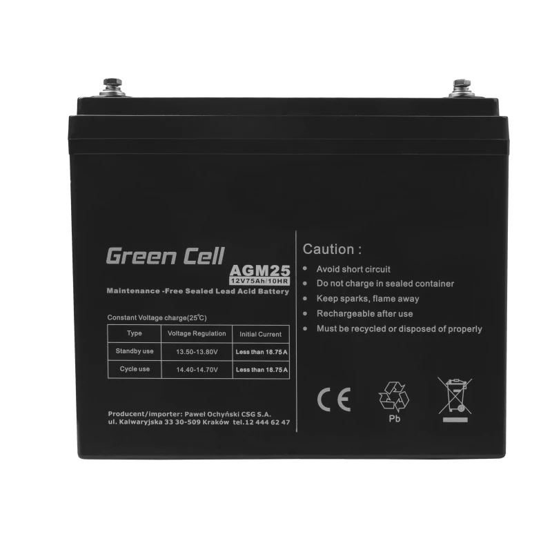 Sealed Lead Acid UPS battery Green Cell AGM25 12 V 75 Ah, VRLA, 75Ah, 12V, 21.3 kg