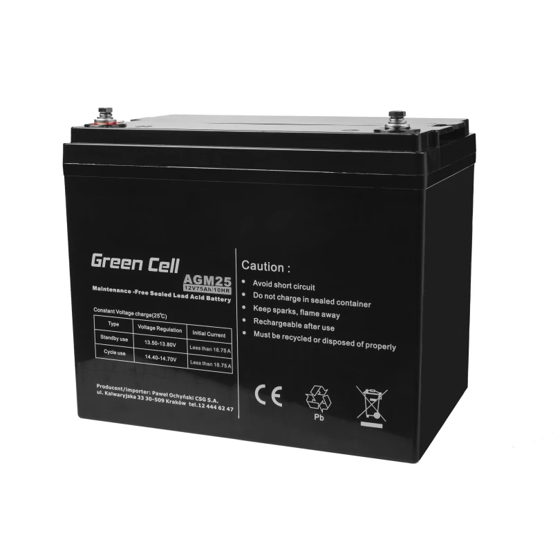 Sealed Lead Acid UPS battery Green Cell AGM25 12 V 75 Ah, VRLA, 75Ah, 12V, 21.3 kg