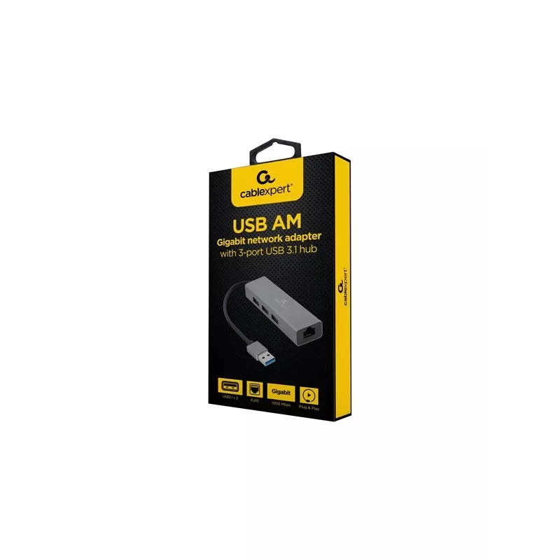 Gembird A-AMU3-LAN-01 USB-A to Gigabit LAN Adapter with 3-Port USB 3.0 Hub, Black