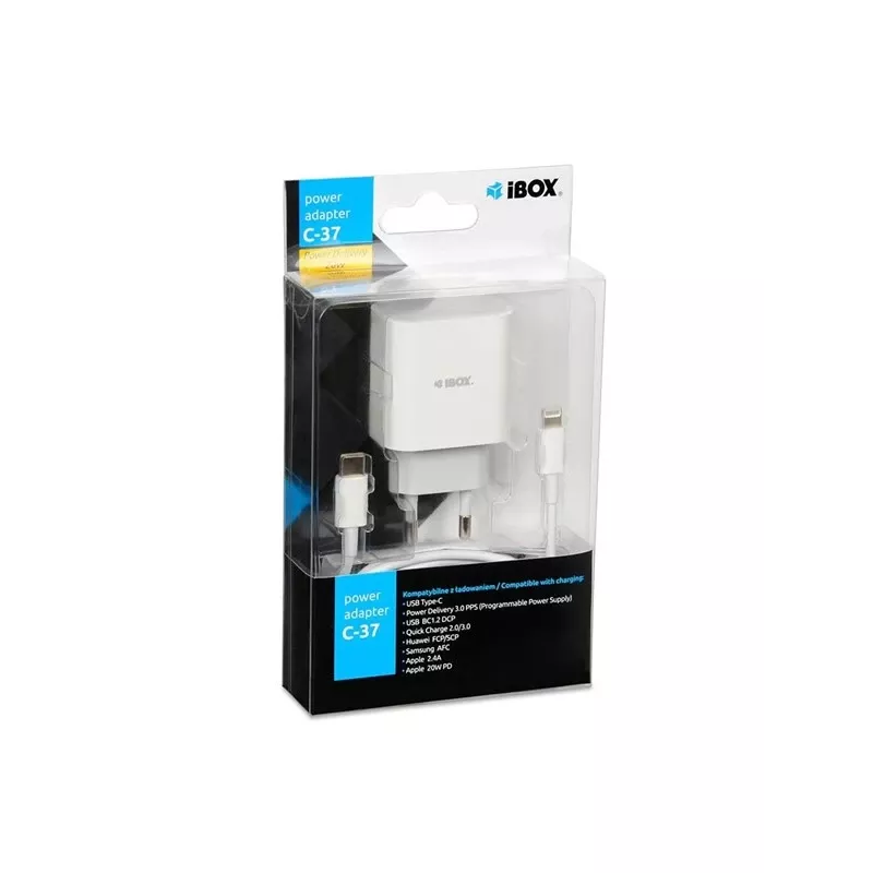 Indoor USB Type-C Fast Charger IBOX C-37, 20W, USB‑C PD 3.0, 3 A output, White