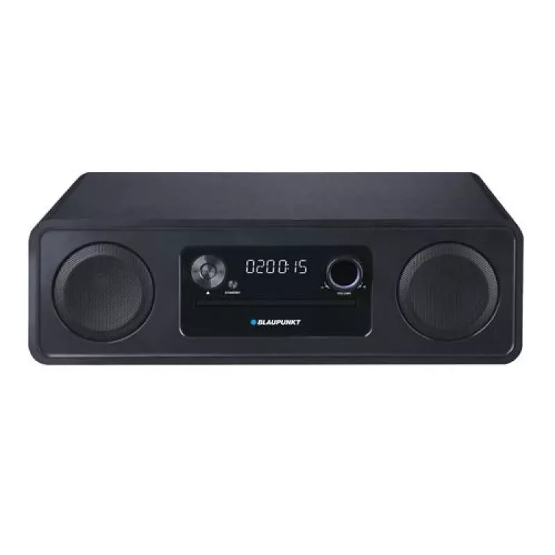 Micro Hi‑Fi system BLAUPUNKT MS20BK — CD/MP3/WMA, Bluetooth 5.0, FM, USB, MicroSD, 2×20W RMS, AUX, RCA, LED display, 100–240V, black