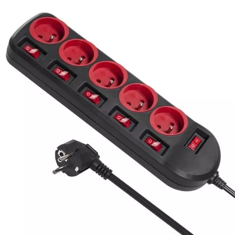 Power extension MACLEAN MCE204 1.5 m cable, 5 AC outlets, indoor, black/red