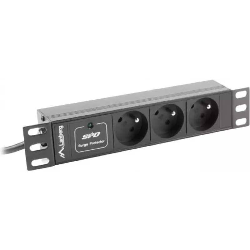 Power distribution unit LANBERG PDU-03E-0200-BK — 1U, 3x Type E outlets, 220–250 V, 16 A, 2 m cable, black
