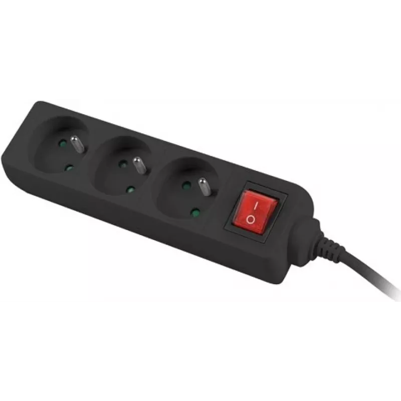 Power strip 3m, black, 3 sockets, with switch, cable made of solid copper
