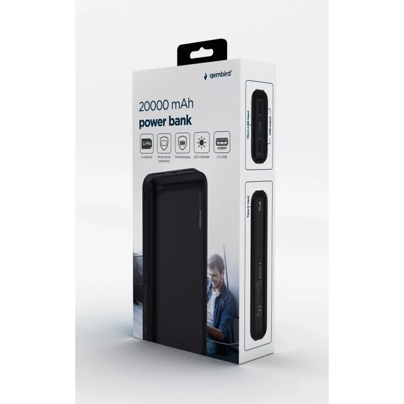 Gembird PB20-02 power bank Lithium Polymer (LiPo) 20000 mAh Black