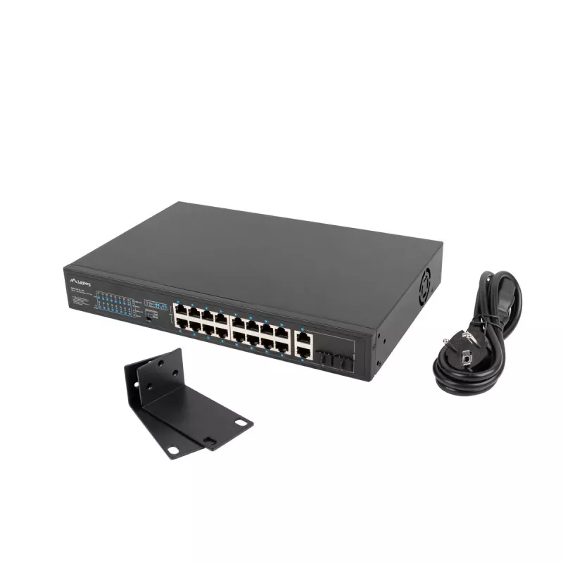 Unmanaged switch LANBERG RSFE-16P-2C-150 — 18-port Gigabit, 16 PoE+/2 SFP, 150 W total, 1U rack, metal, black