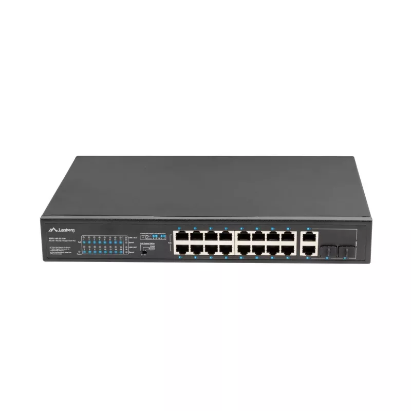 Unmanaged switch LANBERG RSFE-16P-2C-150 — 18-port Gigabit, 16 PoE+/2 SFP, 150 W total, 1U rack, metal, black