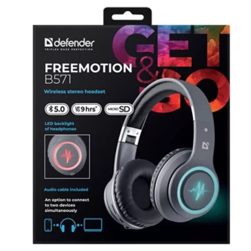Headset DEFENDER FREEMOTION B571 LED wireless binaural, 4 cm drivers, 6–8 h battery, closed acoustic, 20–20000 Hz