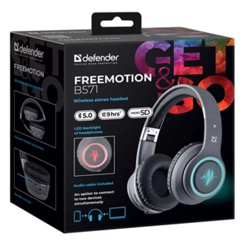 Headset DEFENDER FREEMOTION B571 LED wireless binaural, 4 cm drivers, 6–8 h battery, closed acoustic, 20–20000 Hz