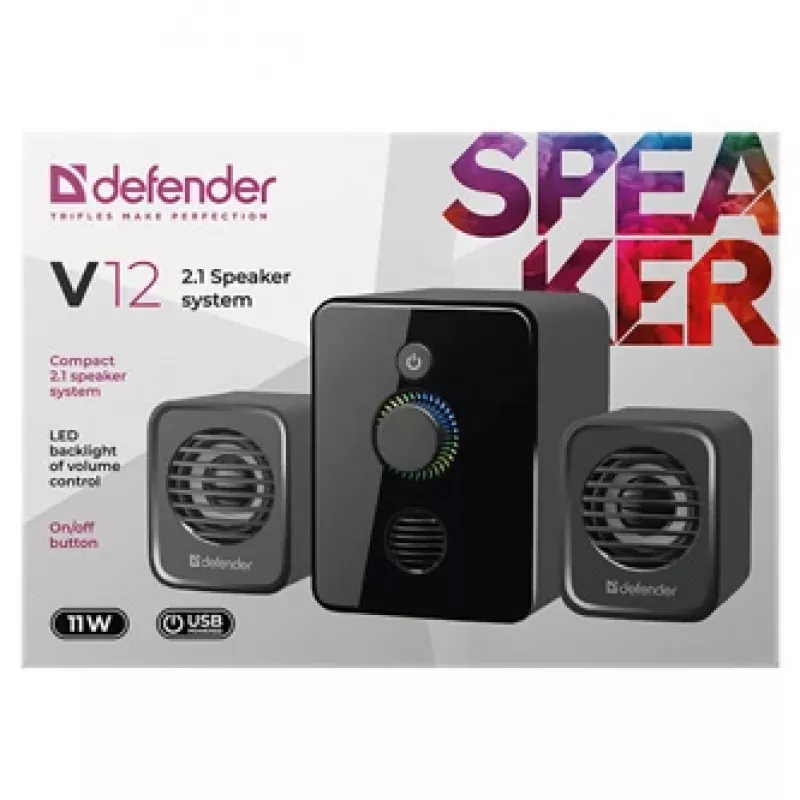 Defender V12 65212 2.1 computer speakers, 11 W, 5 W subwoofer, USB powered, LED backlight, black, 115 x 130 x 223 mm
