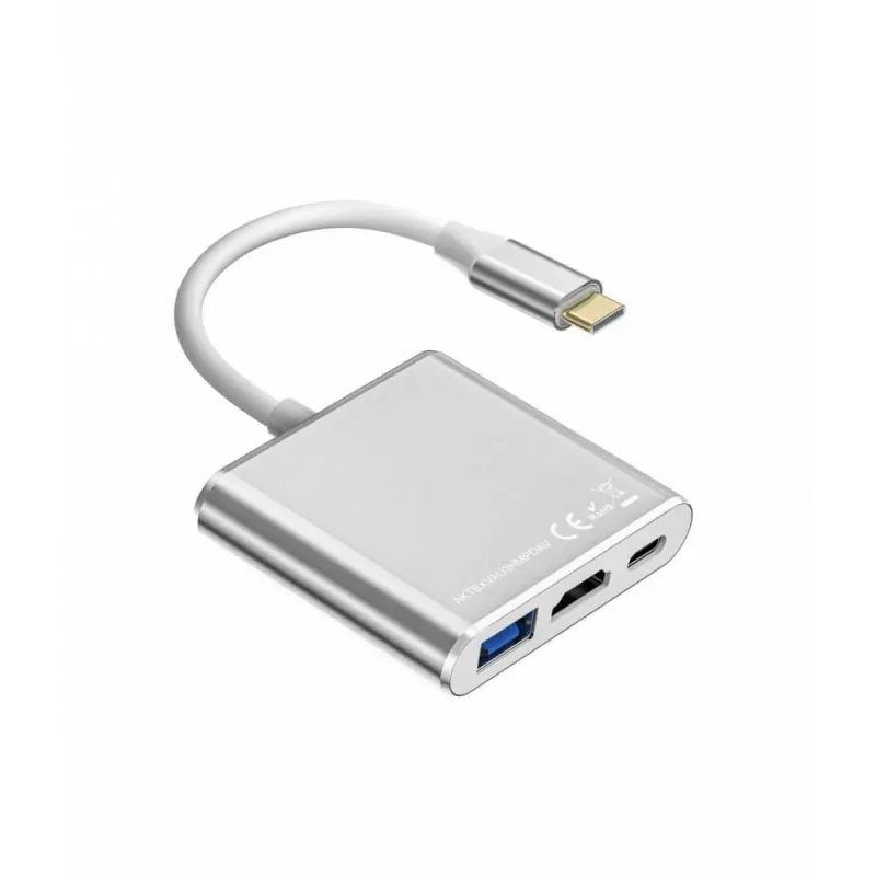 USB C Adapter Hub TB AKTBXVAU3HMPDAV — 3-in-1: HDMI + USB-A + USB-C PD, Silver