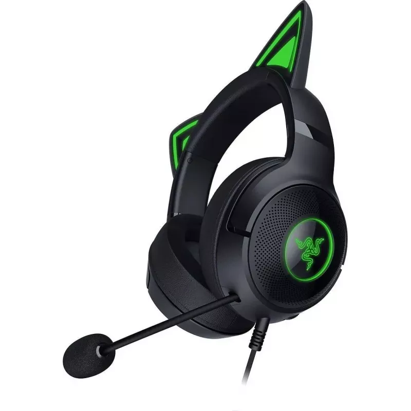 Kraken Kitty V2 - Black, Gaming headset, Kitty Ears, Stream Reactive Lighting, HyperClear Cardioid Mic, 40 mm TriForce Drivers, Built into the earcups microphone, Razer Chroma RGB (Ear and Earcups), Surround sound: Only available on Windows 10 64-bit