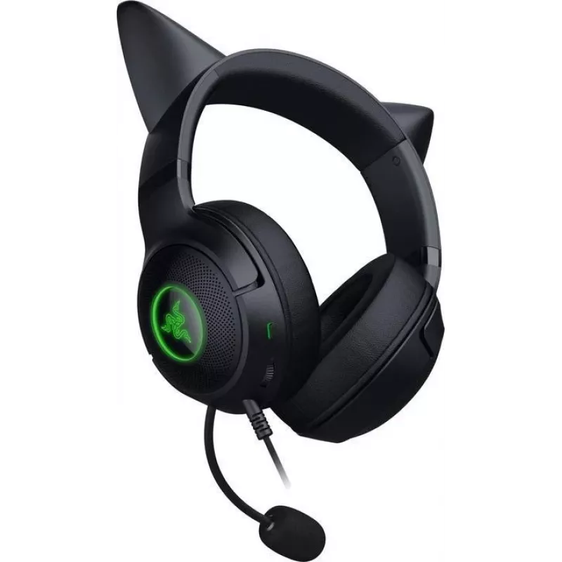 Kraken Kitty V2 - Black, Gaming headset, Kitty Ears, Stream Reactive Lighting, HyperClear Cardioid Mic, 40 mm TriForce Drivers, Built into the earcups microphone, Razer Chroma RGB (Ear and Earcups), Surround sound: Only available on Windows 10 64-bit