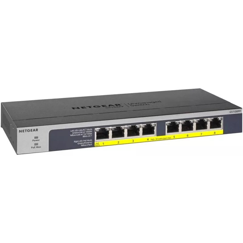 NETGEAR GS108PP Unmanaged Gigabit Ethernet (10/100/1000) Power over Ethernet (PoE) Black