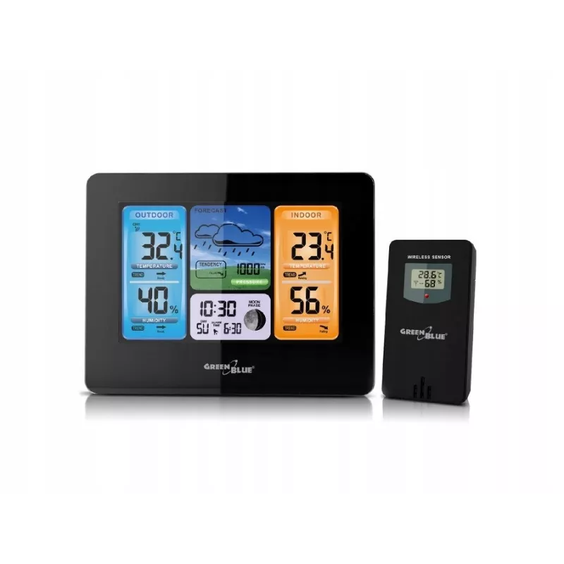 Digital weather station GreenBlue GB526 Black — indoor -20…60°C, outdoor -40…70°C, humidity -20…95%, clock, moon phase