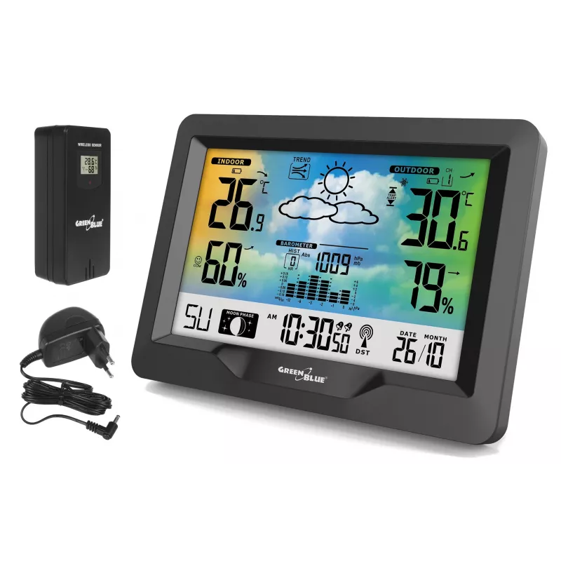 Hygrometer Thermometer GreenBlue GB540 — indoor 0–50°C / outdoor -20–65°C, DCF clock, outdoor sensor 60 m, black