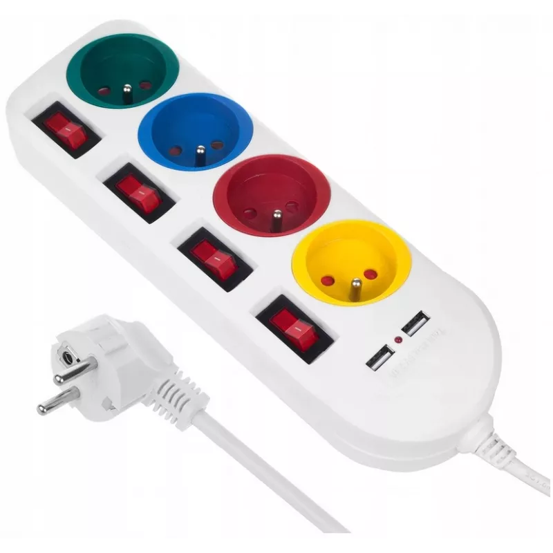 Power strip MACLEAN MCE229W — 4 sockets, 2× USB, 1.5 m cable, Type F, 10 A, white