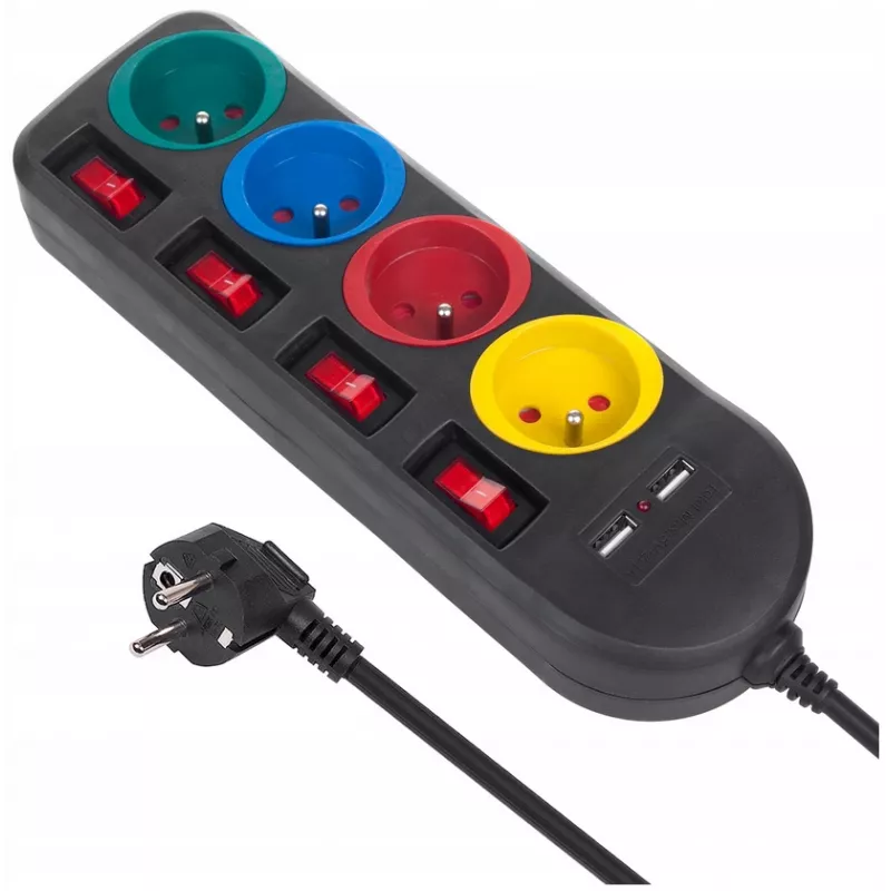 Power strip MACLEAN MCE229B — 4 AC sockets, 2× USB-A, 1.5 m cable, 10 A, Type F, indoor, black