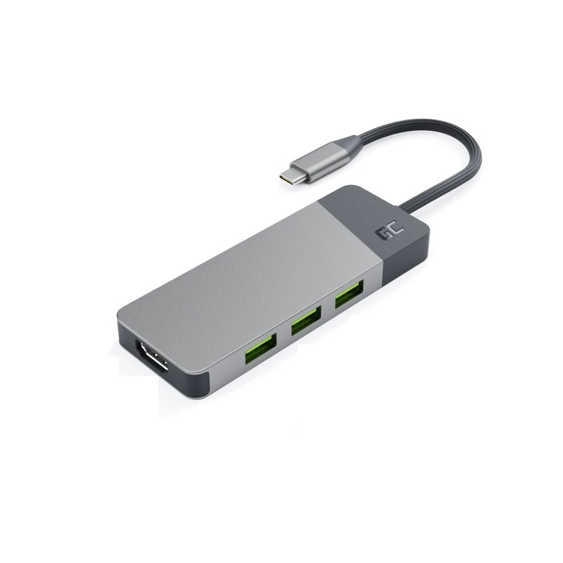 USB Type-C hub Green Cell HUBGC01 — 7 ports: 3×USB-A 3.2 Gen 1, 1×USB-C 3.2 Gen 1, HDMI, microSD+SD card reader — Silver