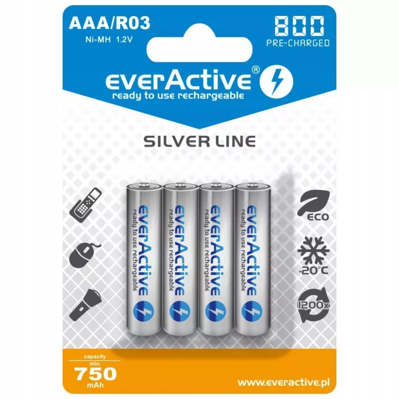 Rechargeable AAA NiMH batteries everActive EVHRL03-800 – 1.2 V, 4 pcs, cylindrical 44.5×10.5 mm