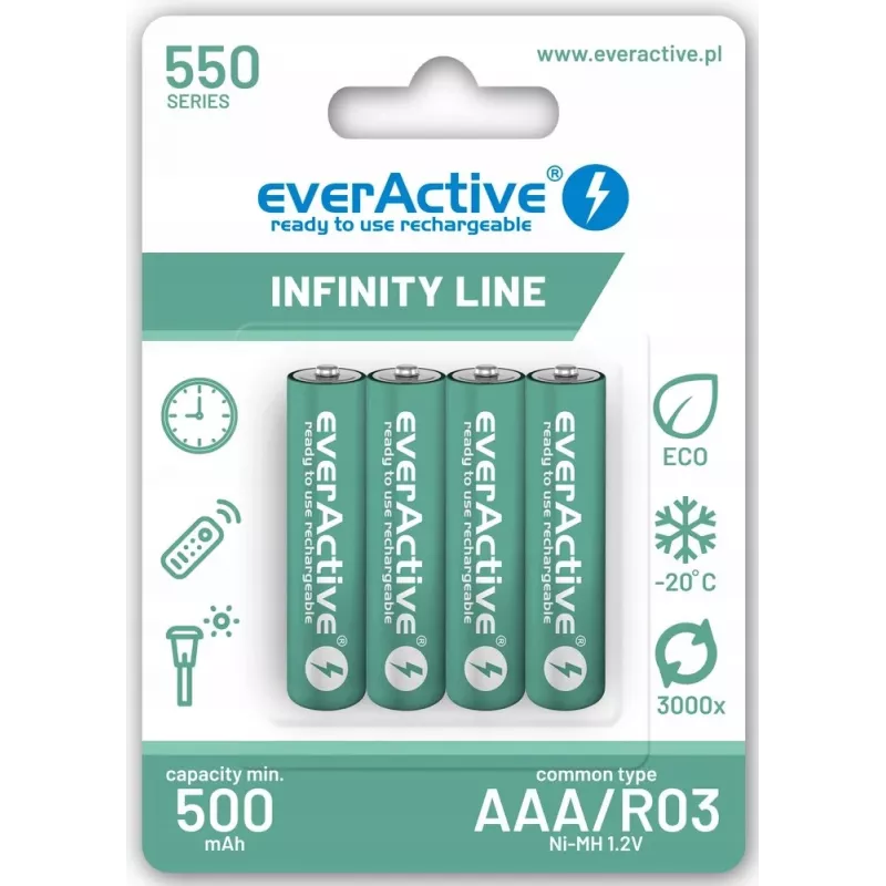 Rechargeable AAA NiMH batteries everActive EVHRL03-550 1.2V 550mAh pack of 4, cylindrical R03