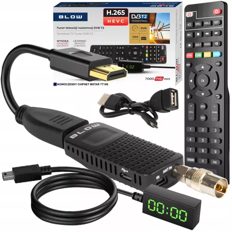 DVB-T2 tuner BLOW 7000FHD MINI H.265 — compact terrestrial TV receiver, HDMI, USB, S/PDIF, audio L/R, Teletext