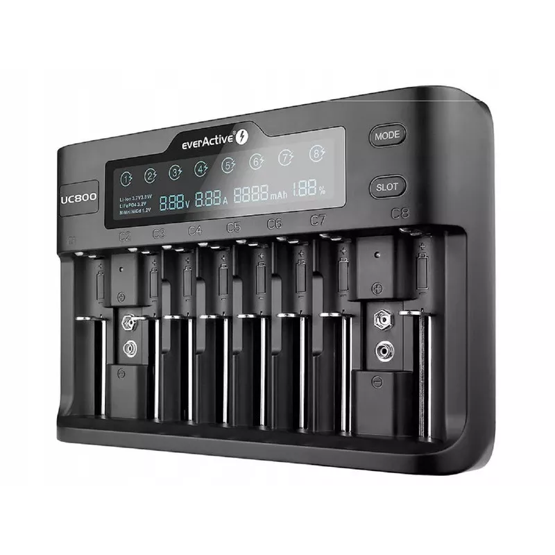 Battery charger everActive UC-800 AC 12V 3A — for LiFePO4/LiPo/NiMH, supports AA/AAA/9V, up to 10 batteries, 12 V input, built-in display, black