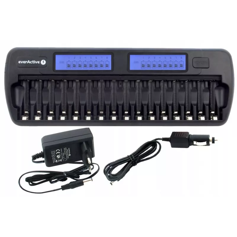 Battery charger everActive NC-1600 — universal DC charger for Li-Ion, supports 16 cells, compatible sizes AA/AAA/C, black, AC 100–240V 50–60Hz