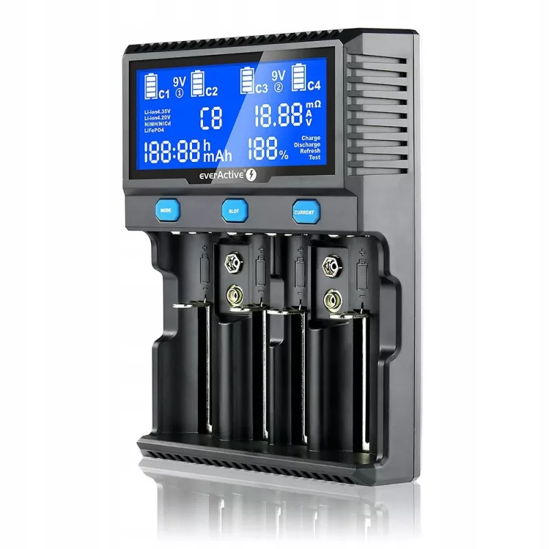 everActive UC-4200 Universal AC Battery Charger 12V 3A, supports AA/AAA/C/9V, 4 cells, black, built-in display