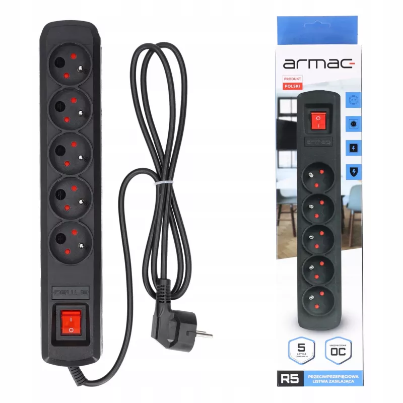 Power strip ARMAC R5 — 5 outlets, 5 m cable, black