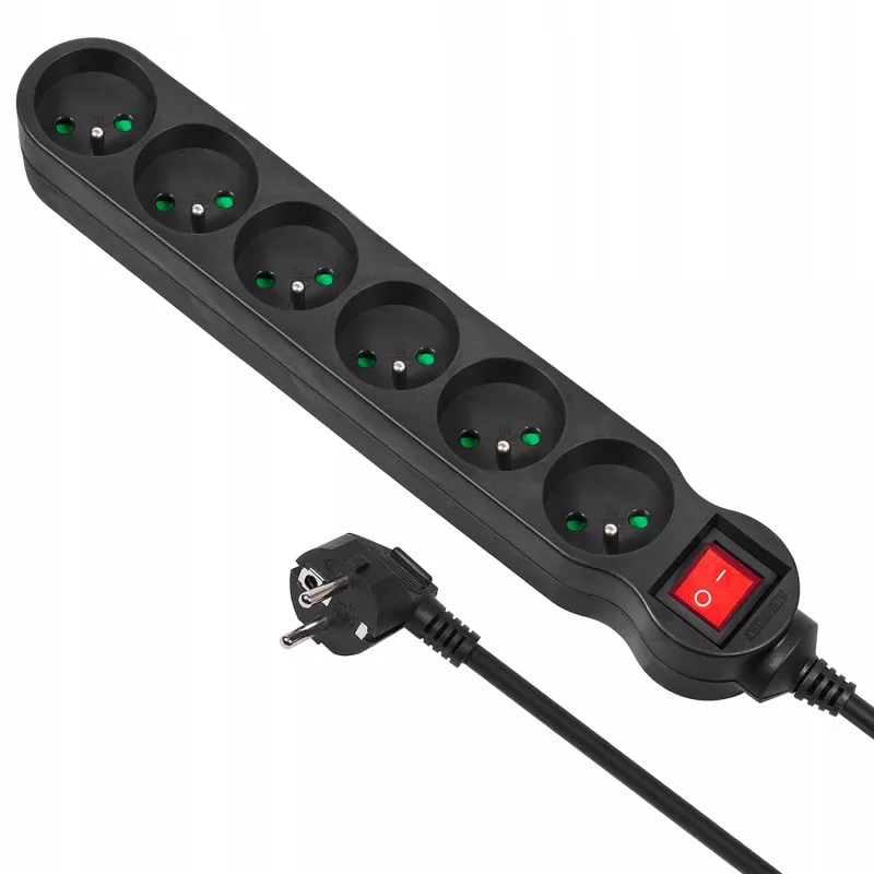 Power extension MACLEAN MCE225 — 1.5 m cable, 6 Type F AC outlets, indoor, black
