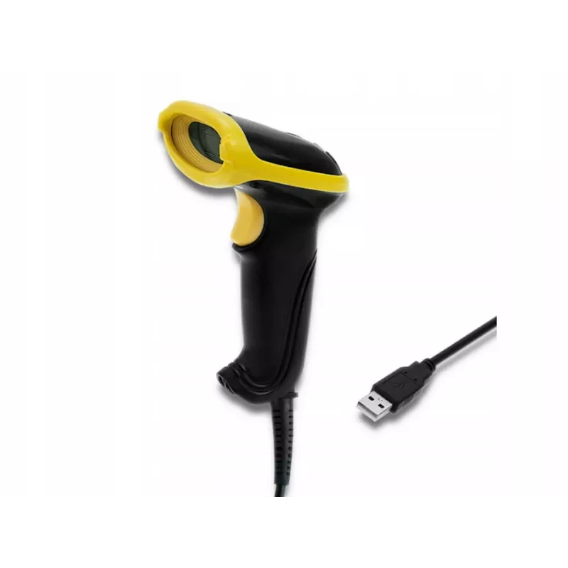 Handheld barcode reader QOLTEC 50867 — 1D/2D laser scanner, USB wired, 600 mm range, yellow/black