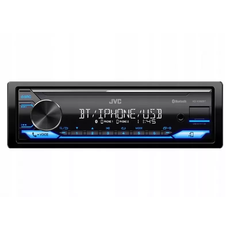 Car radio JVC KDX-382BT with Bluetooth and USB — single DIN, AUX input, FM tuner