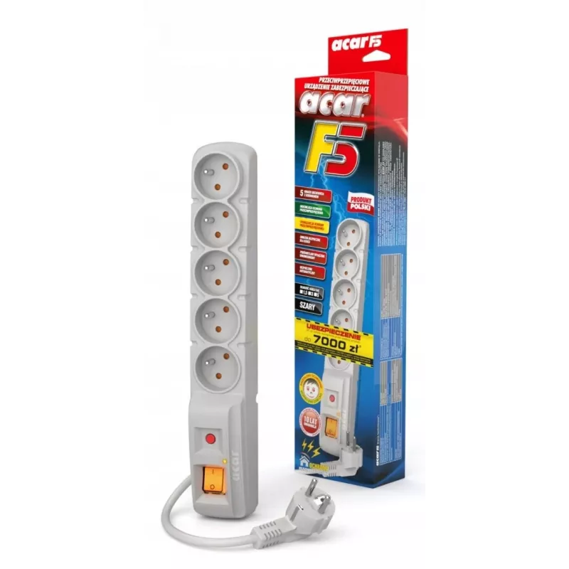 ACAR F5 Surge Protector Power Strip 5 Outlets 3m Grey