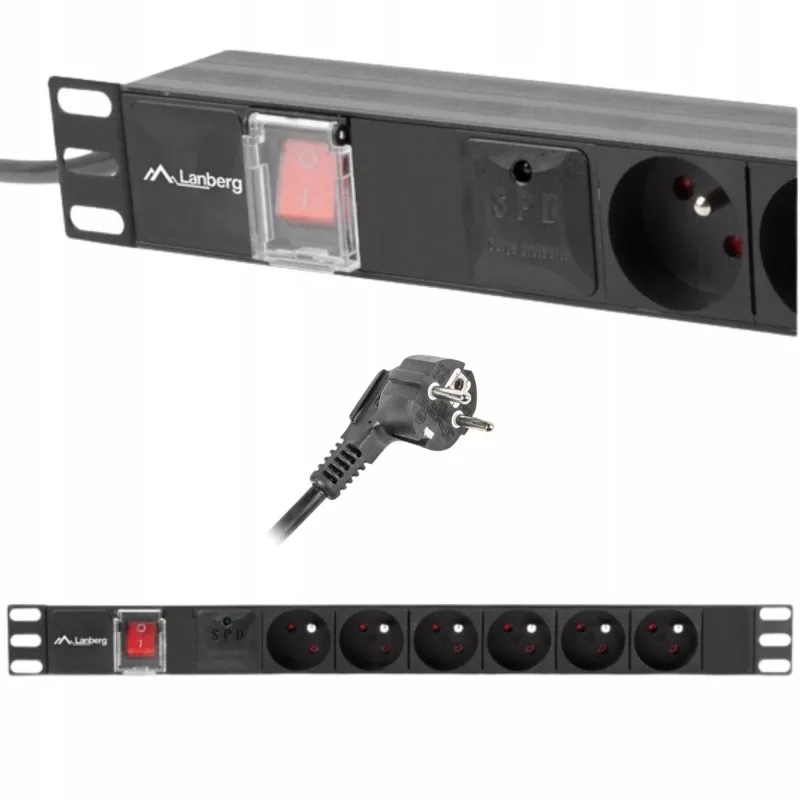 Power distribution unit LANBERG PDU-06E-0200-BK — 6x Type E outlets, 16 A, 2 m cable, 1U rack, 220–250 V