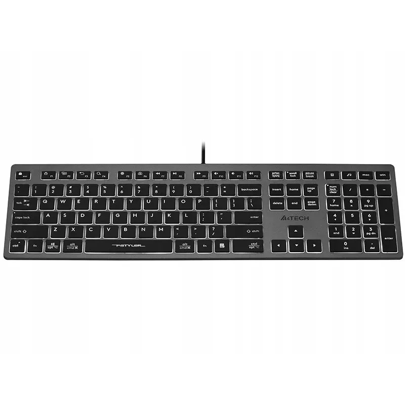 Wired A4Tech keyboard FX60H USB QWERTY — full-size 100%, backlit white, grey, USB hub