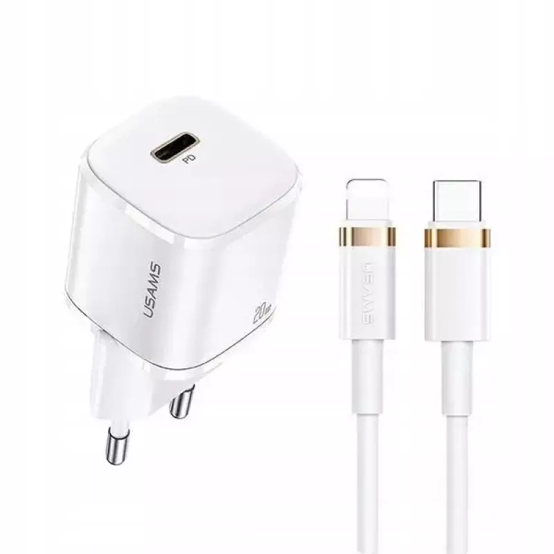 Portable phone charger usams T36 with 1x USB-C PD3.0 and built-in Lightning cable