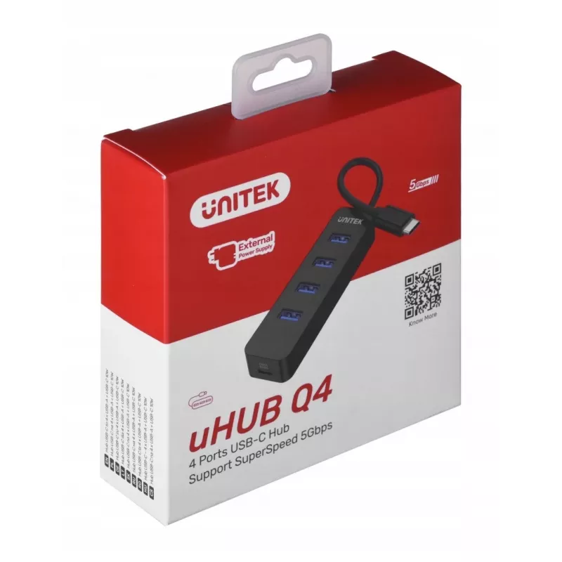 USB hub Unitek uHUB Q4 — 4-port USB 3.2 Gen 1 (Type-A) hub, USB-C host, 5 Gbit/s, 10 W, black