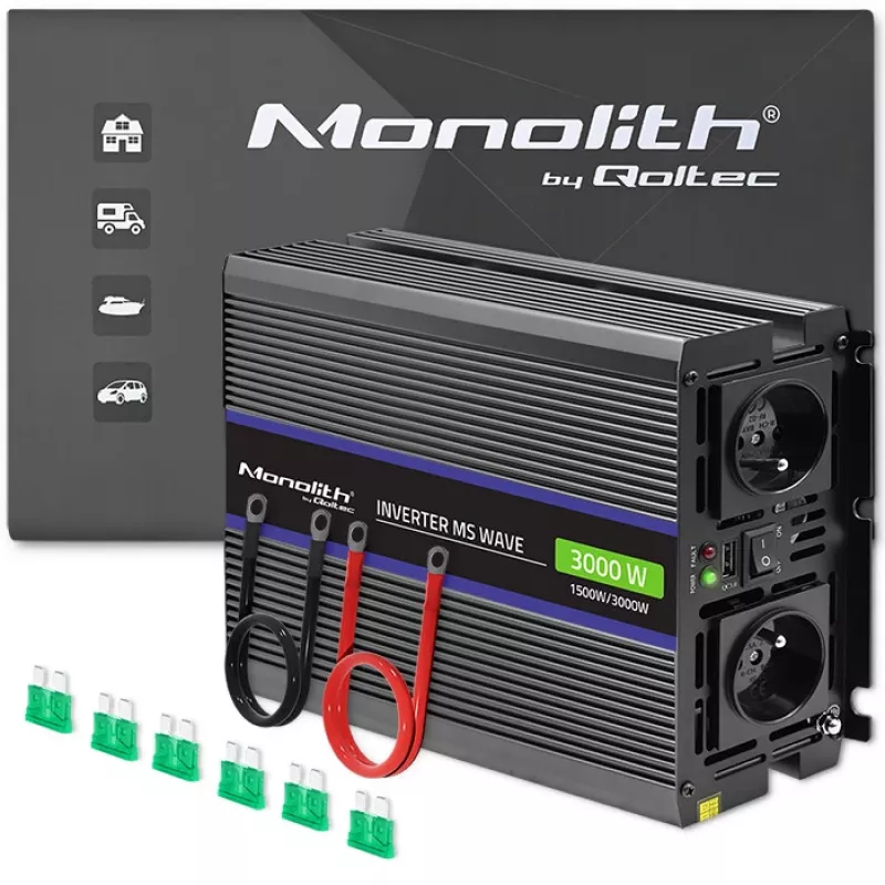 Power inverter QOLTEC Monolith 3000 MS Wave, 12V→230V, 1500/3000W, with USB