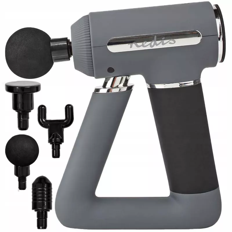 Nedis Sports Massage Gun, 6-Speed with 4 Attachments, Brushless Motor for Muscle Recovery & Relaxation, Triangular Handle, Rechargeable - Grey