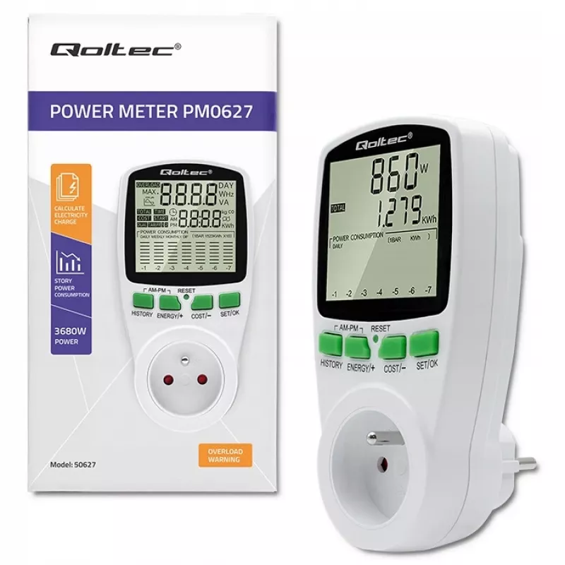 Power meter QOLTEC PM0627 3680W with history — QOLTEC PM0627 3680W