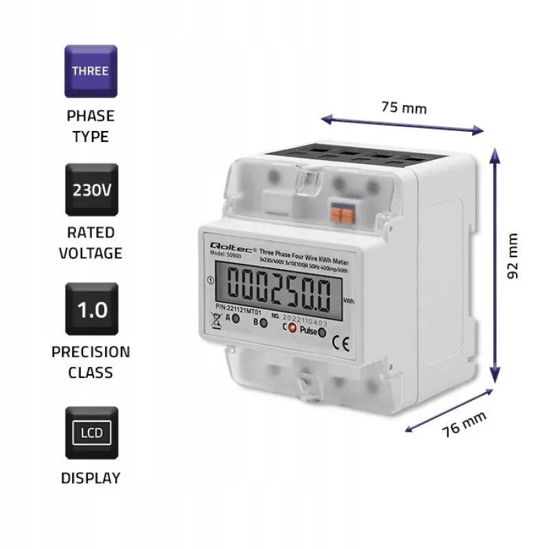 Three-phase electronic energy meter QOLTEC 50900 400V LCD 4P