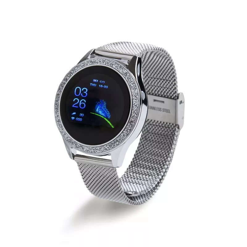 Smartwatch ORO-MED ORO-SMART CRYSTAL SILVER — round metal housing, LCD 240×198, 1.04 inch display, Bluetooth 4.0, waterproof, 120 mAh battery