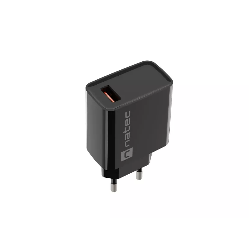 NATEC AC fast charging indoor wired charger Ribera — 18W (5–15V, up to 3A), 1× USB-A, Huawei FCP/SCP, black